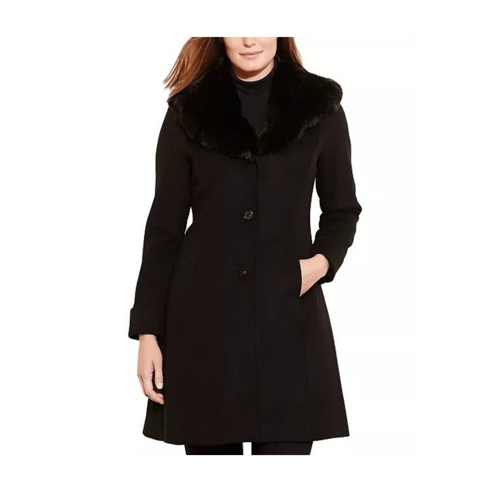 Lauren Ralph Lauren Faux-Fur-Trim Walker Coat - Size 14